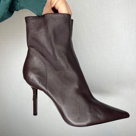 ZARA Pointed Toe Stiletto Heel Ankle Boots Dark Brown Leather Size 41